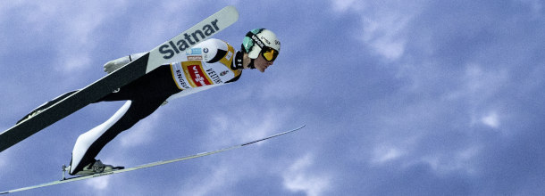 Slovenian ski jumping star Domen Prevc flies through the air during a World Cup event