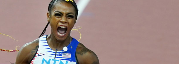USA sprinter Sha'Carri Richardson celebrates after winning a 100m race