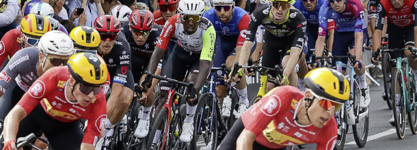 Professional cyclists in the peleton at the Tour de France