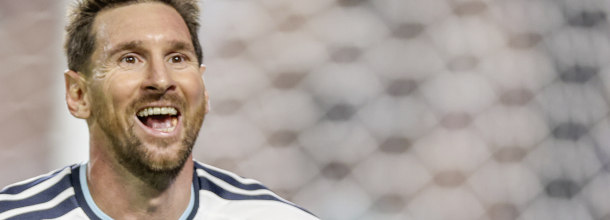 Argentina soccer star Lionel Messi celebrates a goal against Algeria at the 2026 World Cup