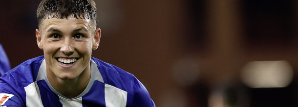 Deportivo La Coruna soccer star Kevin Rey celebrates a goal