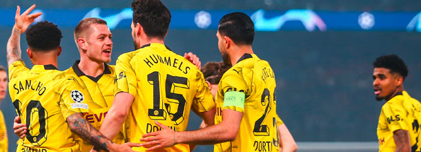 Borusia Dortmund soccer players celebrate a victory in the UEFA Champions League