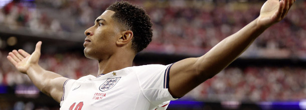 England soccer star Jude Bellingham celebrates his goal against Croatia at the 2026 FIFA World Cup
