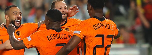 Soccer players from the Netherlands national team celebrate a goal in the UEFA Nations League