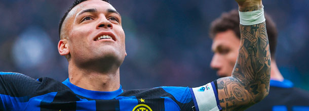 Inter MIlan soccer star Lautaro Martinez celebrates a goal in Serie A