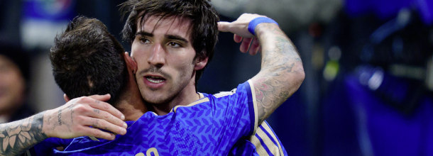 Italy soccer stars Tonali and Politano celebrate a goal in World Cup qualifying