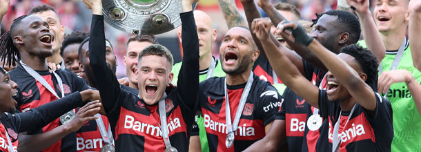 Bayer Leverkusen soccer stars celebrate winning the 2023/24 Bundesliga title