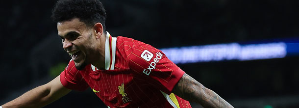 Liverpool soccer star Luis Diaz celebrates a goal in the Premier League