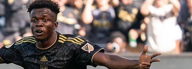 Los Angeles FC soccer star Opoku celebrates a goal in an MLS game