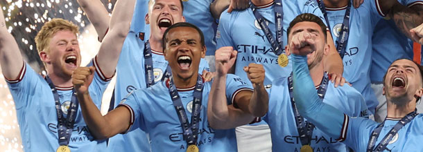 Manchester City soccer stars celebrate winning the UEFA Champions League final 2023 against Inter Milan