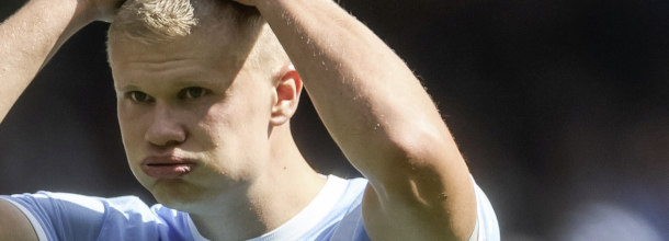 Manchester City soccer star Erling Haaland looks relieved in the Premier League