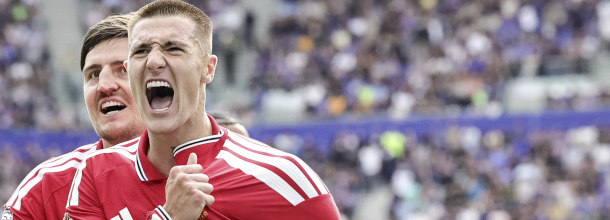 Manchester United soccer star Benjamin Sesko celebrates a goal in the Premier League