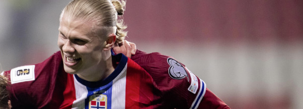 Norway soccer star Erling Haaland in action in World Cup qualifying