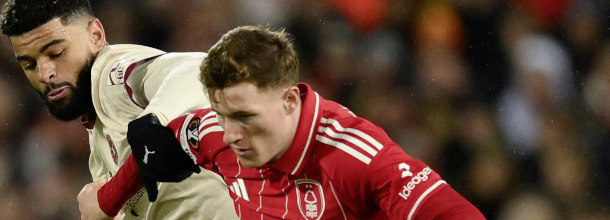 Nottingham Forest and Midtjylland soccer players in action in the UEFA Europa League