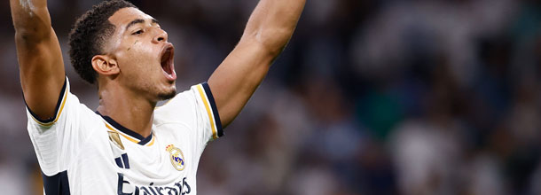 Real Madrid star Jude Bellingham celebrates a goal in LaLiga