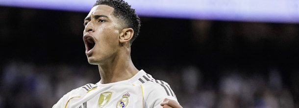 Real Madrid soccer star Jude Bellingham celebrates a goal in the UEFA Champions League