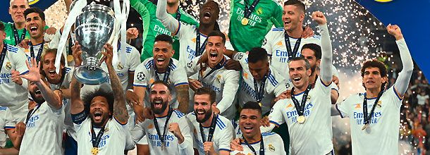 Real Madrid soccer players celebrate winning the 2022 Uefa Champions League
