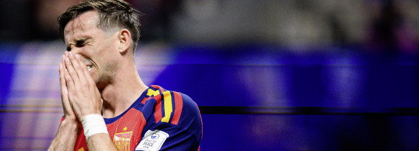 Spanish soccer star Ruiz looks unhappy when in action at the 2026 World Cup