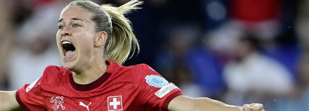 Switzerland soccer star Riesen celebartes her goal against Norway at the UEFA Women's EURO 2025