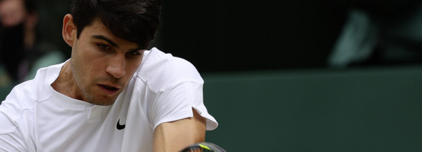 Spanish tennis star Carlos Alcaraz in action at the Wimbledon grand slam tournament in London