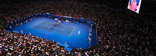 An overhead view of the centre court at the Australian Open Grand Slam tennis tournament in Melbourne