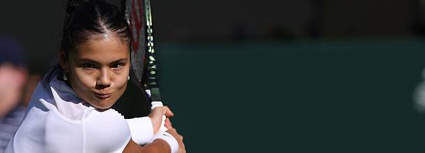 British tennis player Emma Raducanu hits a shot on the WTA Tour