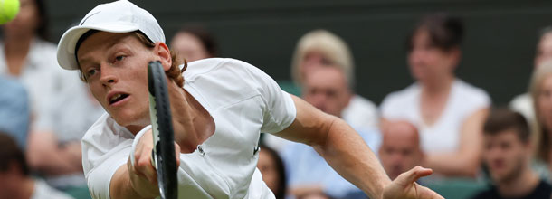 Italian tennis star Jannik Sinner in action at the Wimbledon Grand Slam tournament